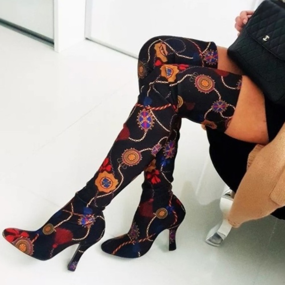 ZARA Satin Over The Knee Chain Print Boots